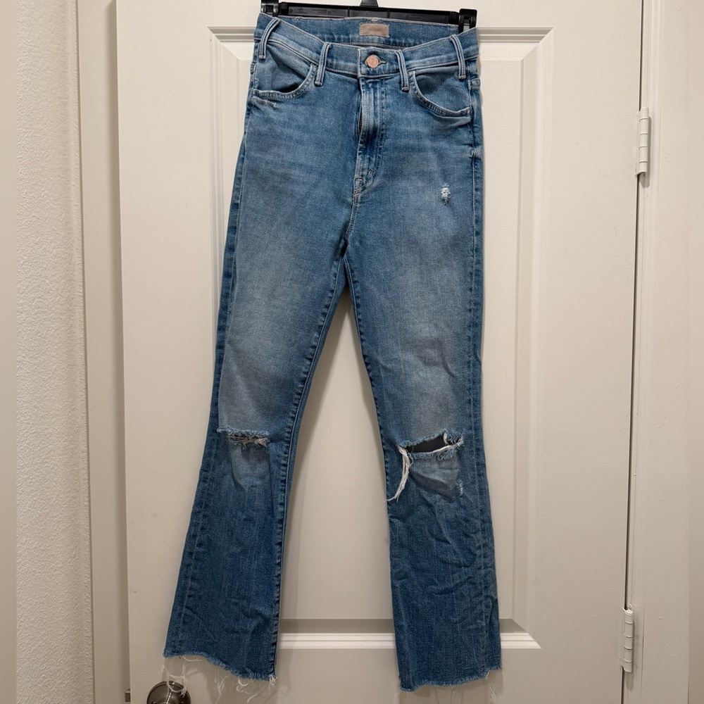 MOTHER Light Blue Distressed Flare Jeans